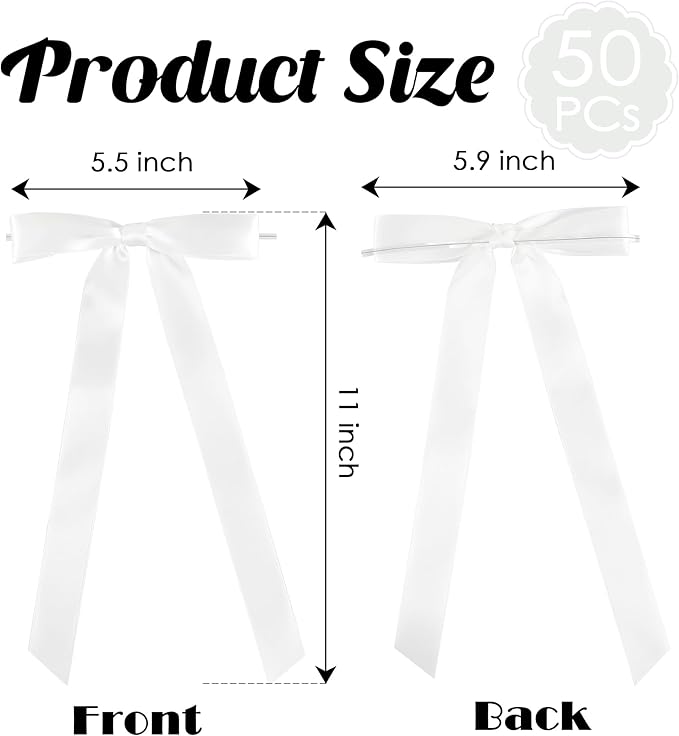 50 PCs White Bow Decor 5.5'' Satin Bows with Long Tail, Twist Tie Bows for Craft, Packaging Ribbon Bows, Premade Bows for Cake Decorating, Gift Bows for Treat, Wedding Favor, Party