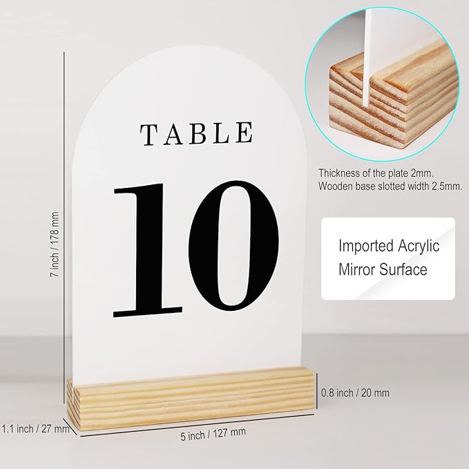 Wedding Table Numbers 1-30, Acrylic Arch Signs with Natural Wood Stands Holders, Rustic Table Decor for Reception & Parties (White Black)