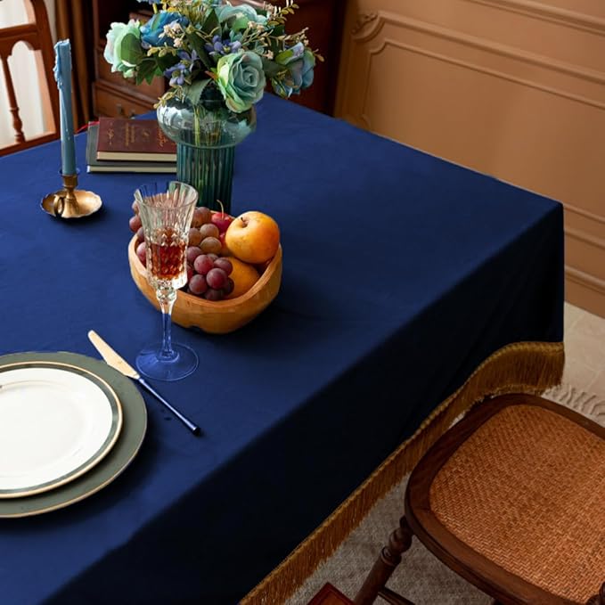 F-CHU Luxury Blue Tablecloth Thickset Velvet Tablecloth with Beautiful Gold Tassels Vintage Table Cloth for Home Decor Wedding, Party, Banquet and Events 60x102-Inch