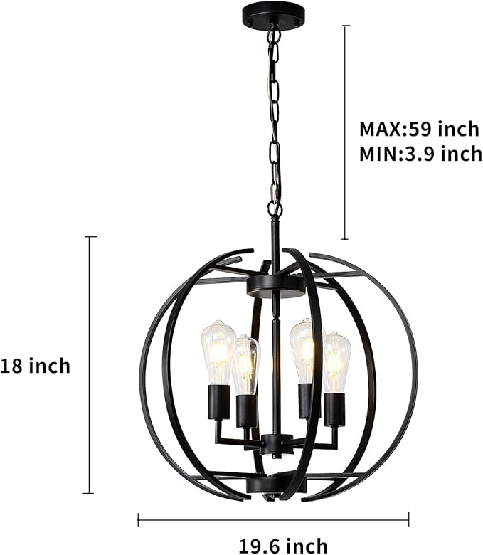 Large Lantern Globe Black Chandelier Lighting, Farmhouse Chandelier Adjustable Pendant Lighting Fixtures Hanging Ceiling 4 Light for Kitchen, Dining Room, Living Room, Hallway