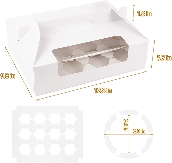 White Cupcake Boxes 12 Count, 30 Pcs Cupcake Containers with Handle, Window, and Inserts – Holds 360 Standard Cupcakes, Food-Grade Gable Boxes for Muffins, Cakes, and Party Desserts
