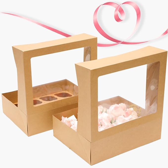 12 Cupcake Containers 20-Packs Brown 12 Count Cupcake Boxes with Window Cupcakes Carrier, 13"x10"x3.5"（Auto-pop up）