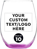 Custom Stemless Wine Glass 9 oz. Set of 10, Personalized Bulk Pack - Great for Wedding Favors, Bachelorette Party Decorations, Party Favors, Color Bottom - Pink