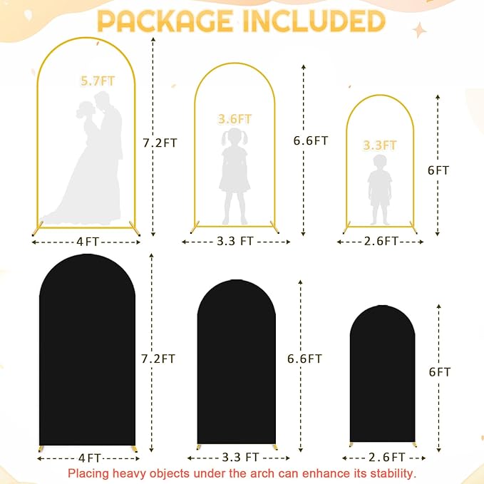 FUHSY Metal Arch Backdrop Stand and Cover Set 6FT, 6.6FT, 7.2FT Black Arch Cover Set of 3 Wedding Backdrop Arch Stands Chiara Arched Frame with Backdrop Covers for Birthday Party Baby Shower Decor
