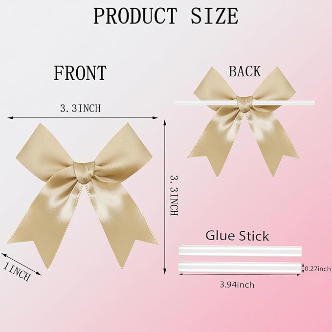 50 PCS Twist Tie Bows Satin Ribbon Bows 3.3 Inch Gift Wrap Bows Craft Bows for Gift Wrapping, Party Decorations Gifts Bag DIY Treat Bags Wedding Decor Baby Shower Christmas (Golden)