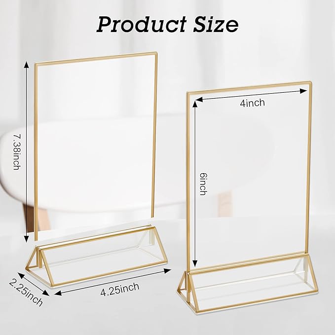 16 Pieces Gold Rimmed Clear Acrylic Table Sign Holders, Double Sided Frame with Gold Border and Vertical Stand for Wedding Table Number, Restaurant Sign, Photo Display, Menu Holder (4 x 6 Inch)