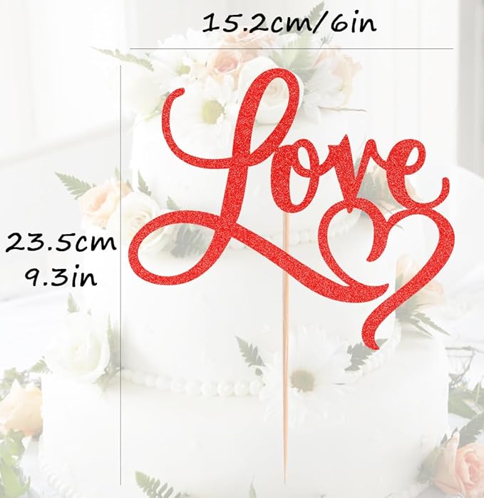Love Cake Topper - Red Glitter Paper Wedding Cake Decoration Supplies, Perfect for Bridal Shower/Engagement/Anniversary/Birthday Party