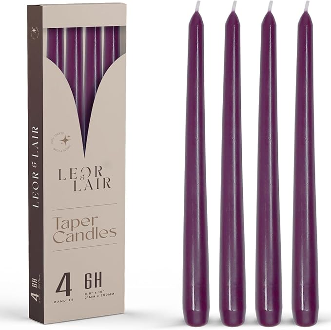 Leor & Lair Purple Taper Candles - 4 Pack 10" Purple Candlesticks - Unscented Long Burning Candle Sticks for Home Decoration, Dinner Table, Holidays, Weddings, Restaurants & Events
