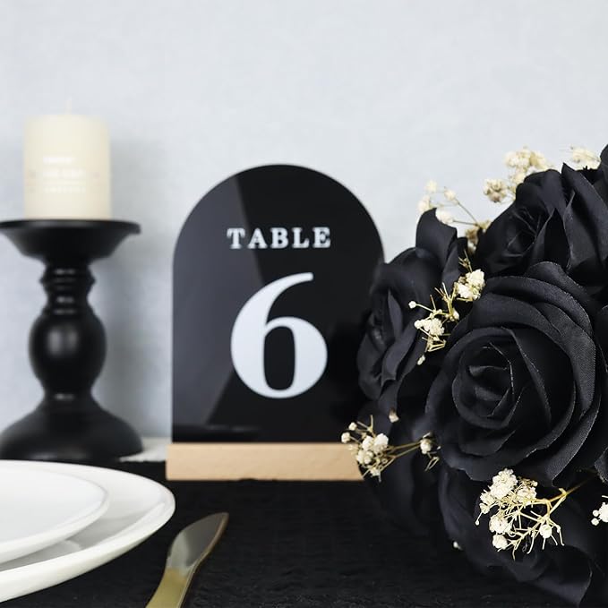 Wedding Table Numbers 1-10, Acrylic Arch Signs with Natural Wood Stands Holders, Rustic Table Decor for Reception & Parties (Black White)