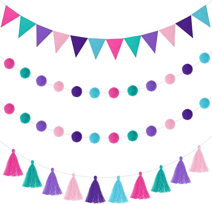 Irenare 9.8 ft Pom Pom Garland Felt Colorful Tassel Banner Christmas Party Pompoms Garland Decorations Felt Pennant Banner for Classroom Home Mantel Fireplace Birthday(Mermaid Colors)