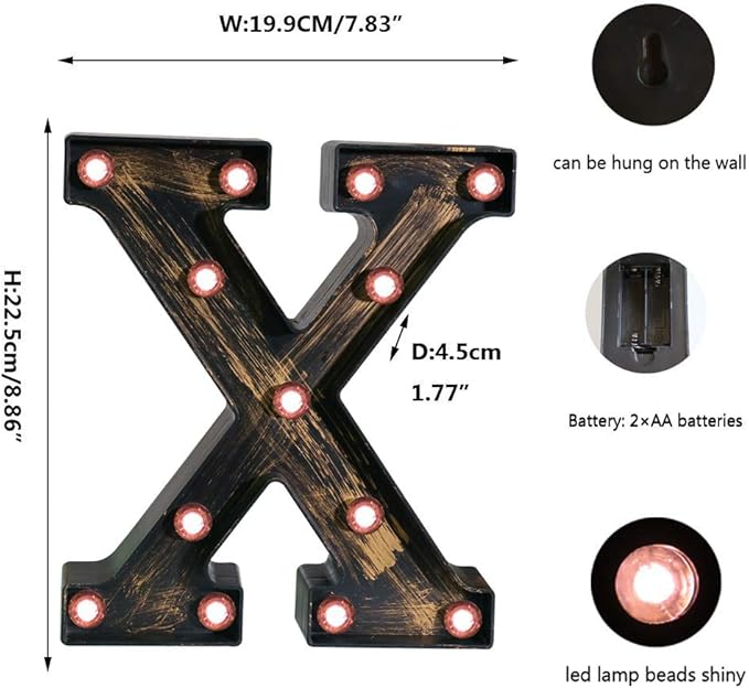 OYCBUZO Golden Black Led Marquee Letter - Industrial, Vintage Style Light Up Alphabet Letter Sign for Cafe Wedding Birthday Party Christmas Lamp Home Bar Initials Decor - X