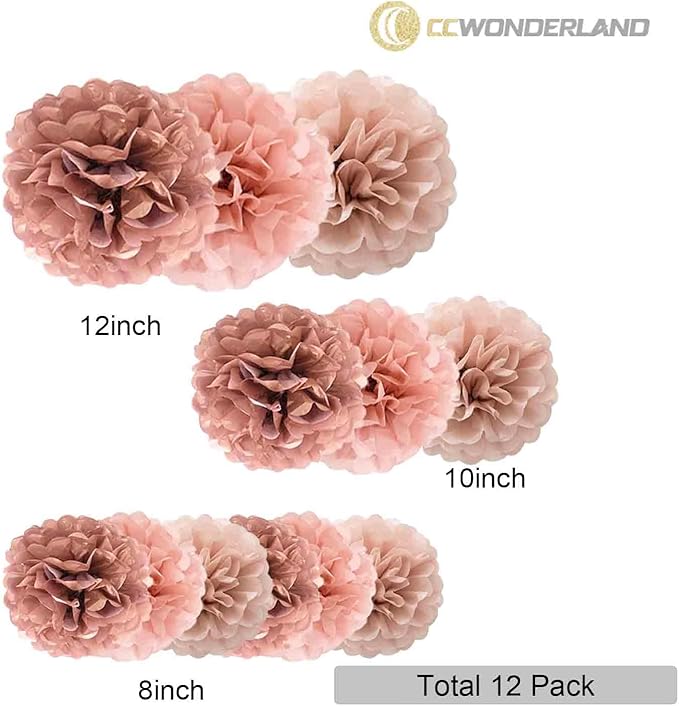 Rose Gold Tissue Paper Pom Poms-Blush Pink Tissue Paper Flowers-Wall Hanging Decorations for Bachelorette, Neutral,Bridal,Boho Wedding Baby Shower Decorations- Size of 8in,10in, 12in, Pack of 12