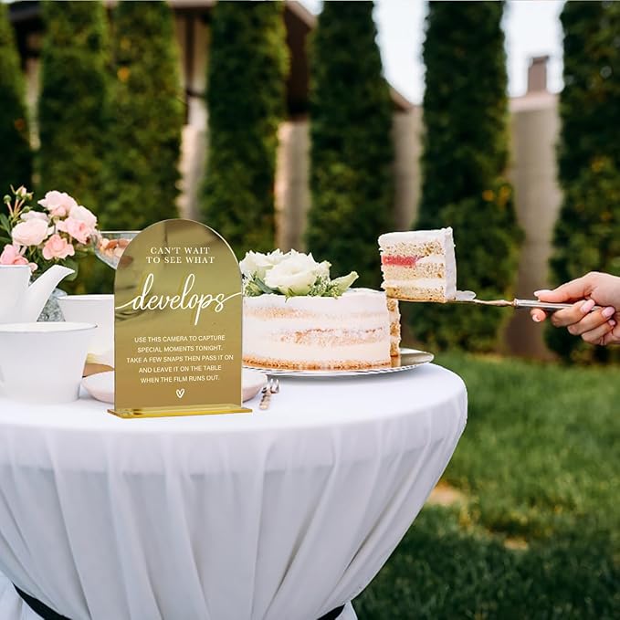 Acrylic Wedding Sign, Bridal Shower Decorations, Can't Wait to See What Develops Sign for Ceremony, Modern Font Table Signs, Gold Mirror Arched Acrylic Tabletop Signs for Wedding Reception