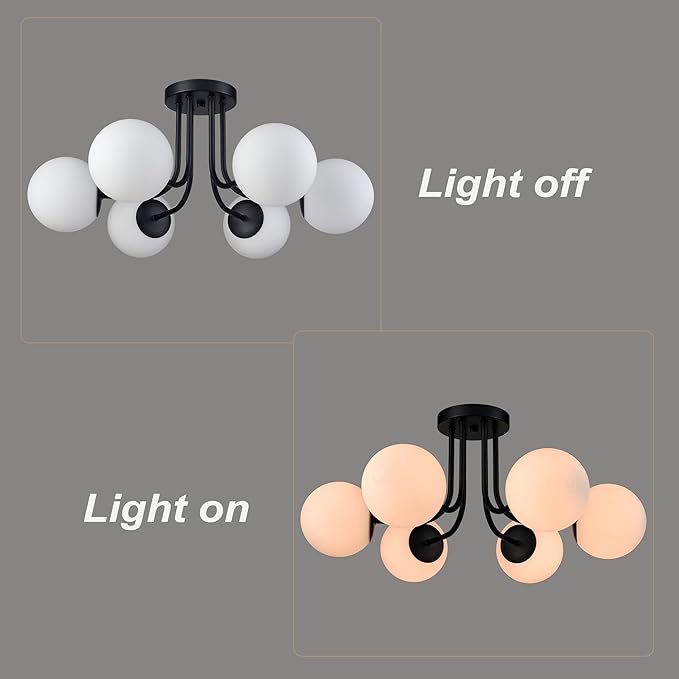 Modern 6-Light Black Metal Semi Flush Mount Ceiling Light With Globe White Glass Shade for Living Room Bedroom - Sputnik Chandelier Light Fixture