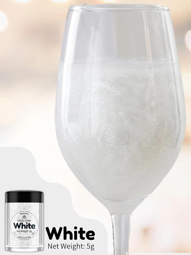 Shanlinly White Edible Glitter for Cakes Drinks - Food Grade 5g Shimmer Luster Glitter Dust Edible Glimmer Powders for Strawberries, Sprinkle on Sparkle, Chocolate, Cookie, Cupcake, Cocktail, Vegan