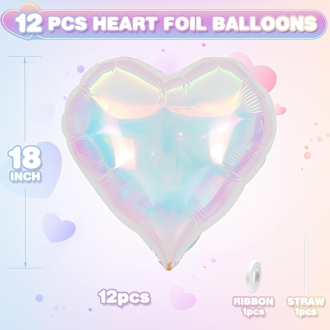 Iridescent Heart Balloons,12Pcs 18Inch Iridescent Heart Shaped Foil Helium Polyester Film Balloons for Baby Shower Birthday Anniversary Wedding Engagement Disco Party Decorations