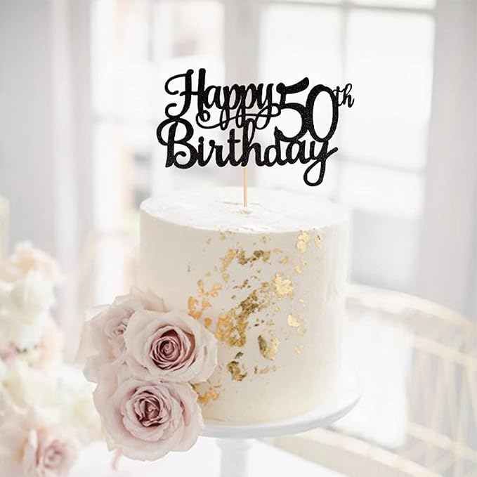 1 PCS Happy 50th Birthday Cake Topper Glitter Cheers to 50 Years Birthday Cake Pick 50 Fabulous Cake Decoration for Happy 50th Birthday Anniversary Party Decorations Supplies Black