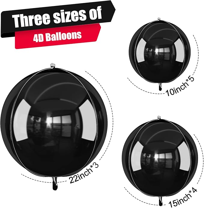 12Pcs Black Round Foil Balloons, 22" 15" 10" Metallic Black 4D Ball Balloons for Birthday Graduation Christmas New Year Eve Halloween Party Backdrop Decorations