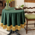 F-CHU Luxury Green Tablecloth Thickset Velvet Tablecloth with Beautiful Gold Tassels Vintage Table Cloth for Home Decor Wedding, Party, Banquet and Events 48" Round
