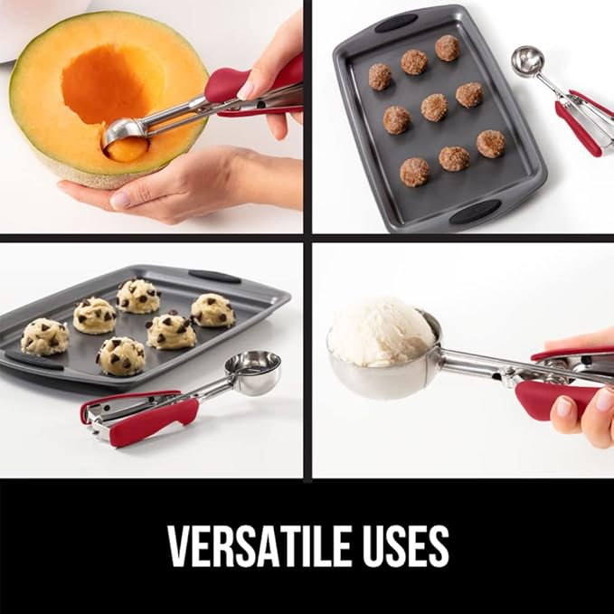 GORILLA GRIP Stainless Steel Cookie Scoop for Baking, 3 TBSP, Multipurpose Melon Baller, Meatball Spring Scoops, Perfect Portion Sizes, Easy Food Release, Scooper Size 20, BPA-Free Kitchen Tool, Red