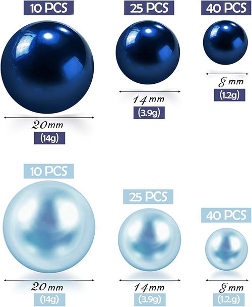 150Pcs Navy&Light Blue Polished No Hole Faux Pearl Beads for Vase Filling Decorations, Plastic Pearls Vase Fillers, Table Scatters, Wedding Centerpiece, Home Decor, 8/14/20 mm