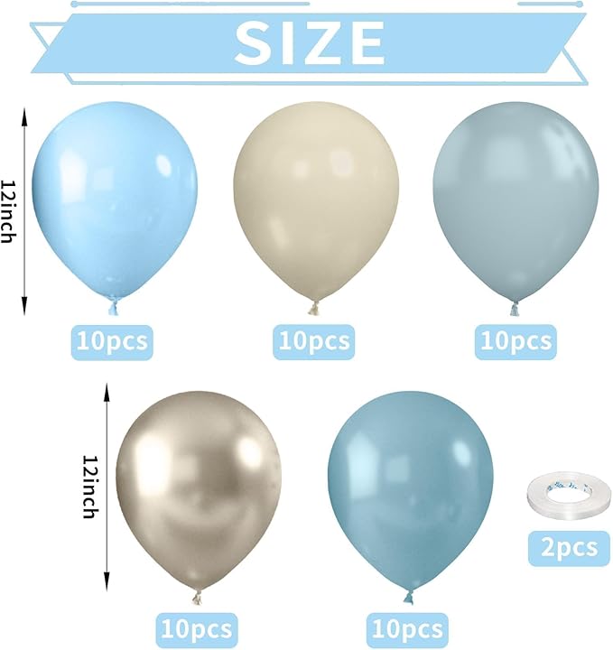 Dusty Blue Balloons, 52 PCS 12 Inch Blue Gold Sand White Birthday Balloons, Baby Blue Light Blue Sand White Quicksand Gold Latex Balloons for Boy Baby Shower Gender Reveal Birthday Party Decorations