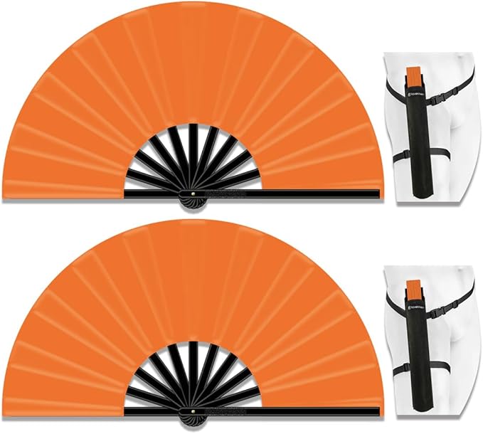13" Large Folding Rave Fan with Holster, Clack Hand Fans Foldable for Line Dancing, Boots On The Ground Fan for Women Men Festival EDM Party Decoration, Orange 2 Pack