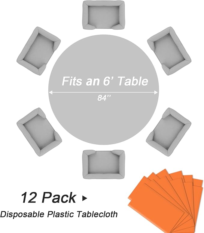 QIKSION Orange Round Tablecloth 12 Pack, 84 Inch Plastic Table Cover Disposable for Parties