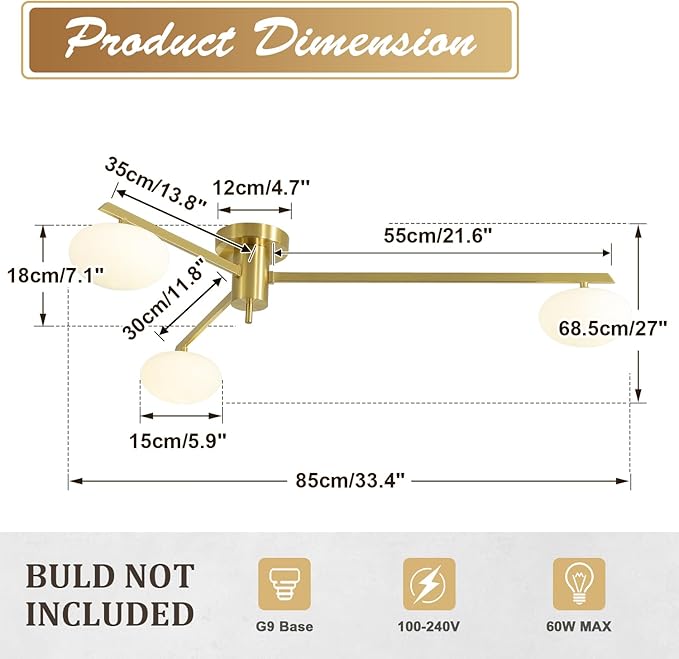 3-Light Gold Semi Flush Mount Ceiling Light,Modern Sputnik Chandelier,Mid Century Industrial Vintage Metal Chandelier for Bedroom Kitchen Dining Room MCL03-GD