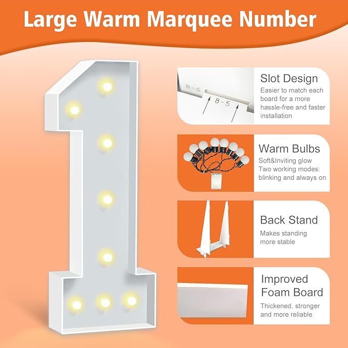3FT Marquee Number 1, Light Up Numbers for 1st 16th Birthday Balloons Backdrop Decorations, Large Mosaic Numbers Letters for Party Baby Shower Anniversary Wedding Decor