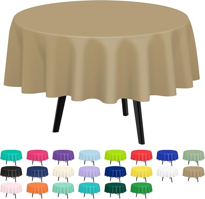 QIKSION Gold Round Tablecloth 2 Pack, 84 Inch Plastic Table Cover Disposable for Parties