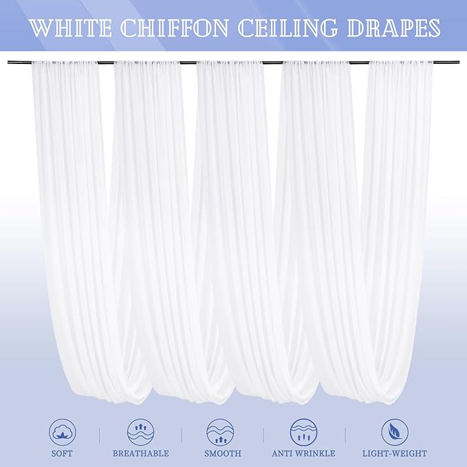 4 Panels White Ceiling Drapes for Wedding 5ftx20ft Chiffon Fabric Arch Draping Curtains for Party Ceremony Birthday Baby Shower Reception Stage Ceiling Decorations