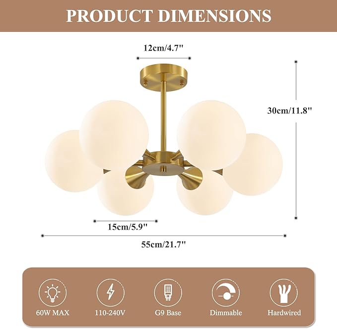 KCO Lighting Brushed Gold Sputnik Flush Mount Ceiling Light Mid Century Modern Overhead Ceiling Light 6-Lights Milk Glass Globe Semi Flush Mount Ceiling Light Fixture