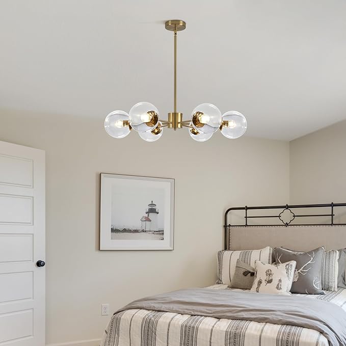 KCO Lighting Modern 6-Light Sputnik Chandelier with Clear Glass Globe Mid Century Adjustable Ceiling Pendant Light Gold Brass Flush Mounted Fixture