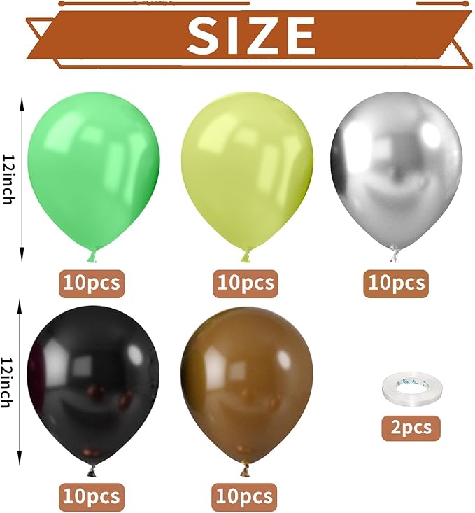 Green and Brown Balloons, 52 PCS 12 Inch Metallic Chrome Silver Light Green Fruit Green Black Brown Latex Balloons, Camping Game Jungle Theme Camo Birthday Baby Shower Army Party Decorations