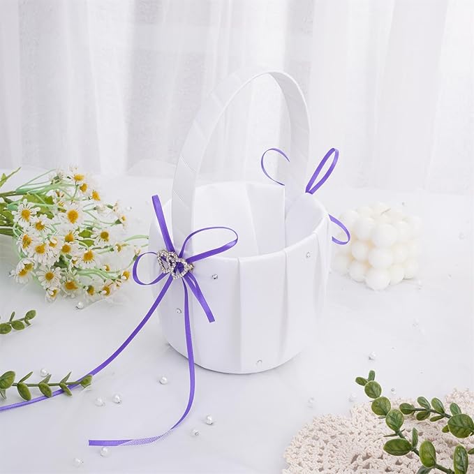 QIRMIZI Wedding Ring Pillow and Flower Girl Basket Set – Adorned with Pearl Rhinestones, White Satin,Purple
