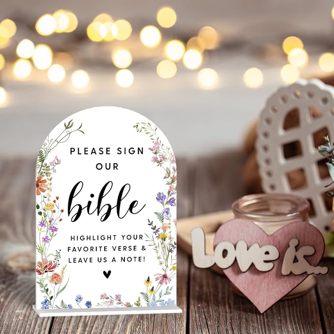 Acrylic Wedding Signs, Please Sign Our Bible Signs for Marriage Reception, Bridal Shower Decorations, Modern Arched Round Top Acrylic Table Top Sign with Holder for Wedding Party (White Wildflowers)