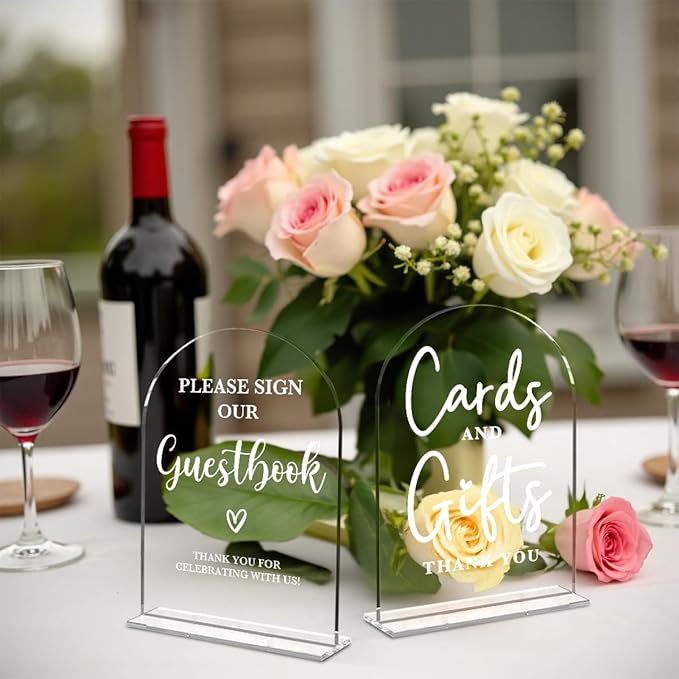 2 Pcs Acrylic Wedding Signs for Ceremony and Reception, Bridal Shower Decorations, Cards and Gifts Signs, Guest Book Sign, Arch Acrylic Table Top Sign with Holder for Wedding Reception (Clear)