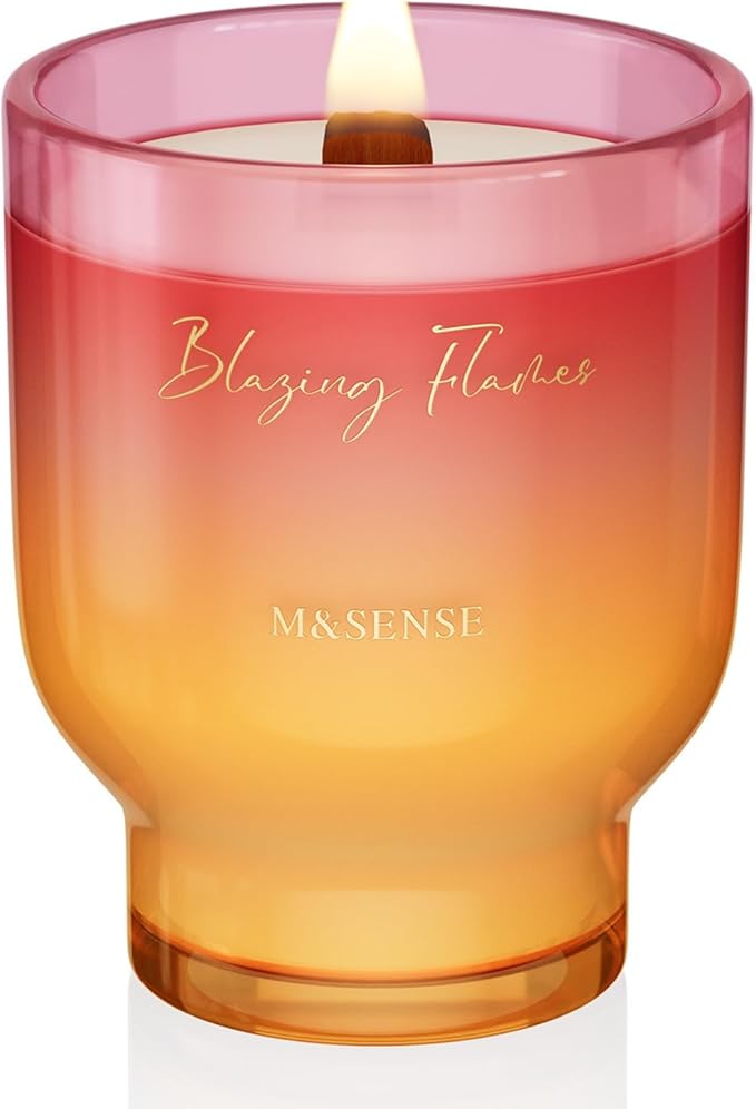 M&SENSE 16.6oz Natural Soy Large Jar Candle with Wooden Wick | Blazing Flames Scent | 95-Hour Burn & Long-Lasting Burn | Housewarming Gift for Men and Women