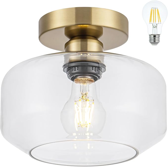Golden Semi Flush Mount Ceiling Light - Includes 900LM Bulb (60W Eqv) - Clear Glass & Brass Fixture for Hallway, Bathroom, Kitchen Lighting