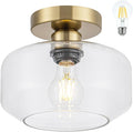 Golden Semi Flush Mount Ceiling Light - Includes 900LM Bulb (60W Eqv) - Clear Glass & Brass Fixture for Hallway, Bathroom, Kitchen Lighting