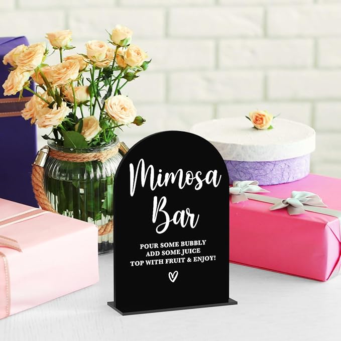 Acrylic Wedding Signs, Bridal Shower Decorations, Mimosa Bar Signs for Reception, Modern Calligraphy Arch Acrylic Table Top Sign for Wedding Reception and Engagement Parties (Black)