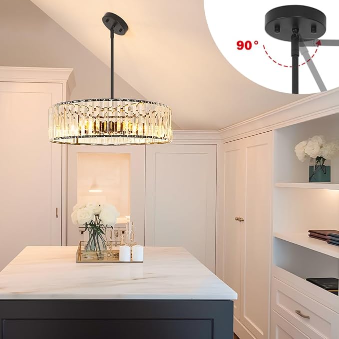 Modern Crystal Chandelier, 6-light Dinning Room Light Fixture, Round Pendant Light Kitchen Island, Black Hallway Light Fixture, Semi Flush Mount Ceiling for Living Room Entryway Bedroom Foyer, E26