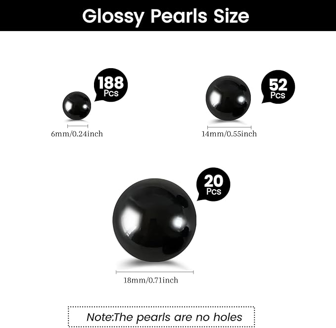 260Pcs Black Glossy Beads - 6mm, 14mm, 18mm Round Plastic Pearl Beads for Centerpiece Decor, Wedding, Birthday, Christmas Party, Home Decor