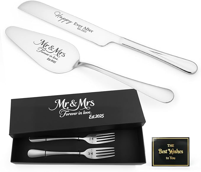 wedding cake knife and server set,Silver wedding cake knife and server set 2025,4Pcs Set with Forks for Engagements, Anniversary Bridal Shower Christmas Gifts.