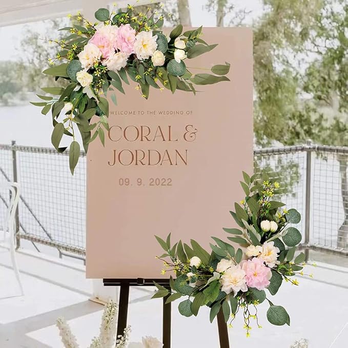 H&W 2pcs Artificial Wedding Arch Flowers for Wedding Sign, Floral Swag Dusty Decor for Reception Ceremony Backdrop Sweetheart Table (Grass Heart-Peony)