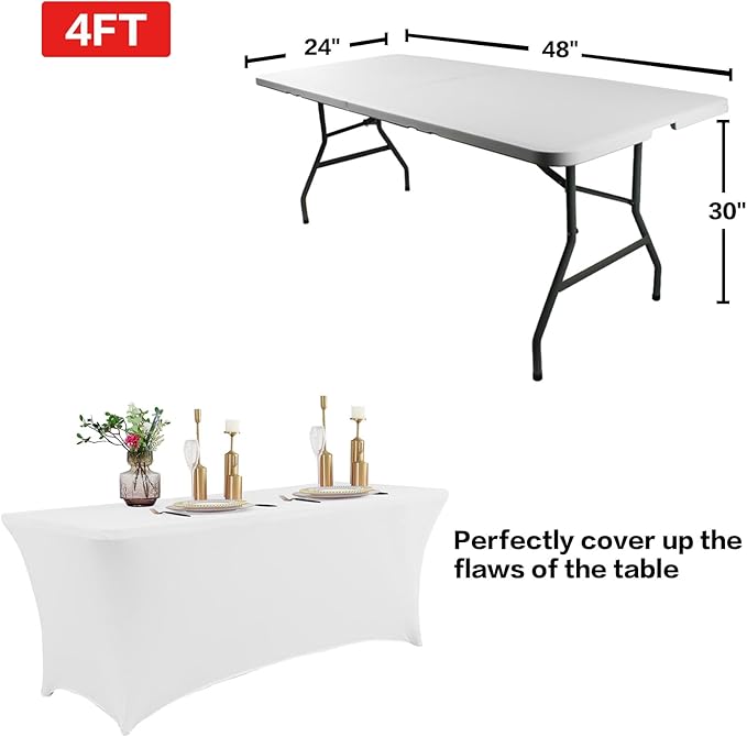 IVAPUPU 4FT Spring Table Cloth for Rectangular Fitted Events Stretch White Table Covers Washable Cover Spandex Tablecloth Protector for Party, Wedding, Cocktail, Banquet, Festival