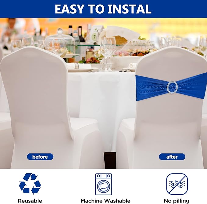 CHENGU 150 Pieces Spandex Stretch Chair Sashes Bows Elastic Chair Cover Bands Ties with Buckle Slider for Wedding Party Reception Events Universal Ceremony Banquet Decorations (Blue)