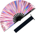 Large Rave Fan, Clack Folding Hand Fan with Premium Fabric, Thick Bamboo Frame for Men Women Gift for EDM, Festival, Club, Party, Dance, Decoration (Holographic Pink, 13")