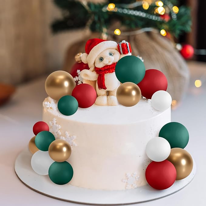 ASTARON 32 Pcs Ball Cake Topper Christmas Decorations Mini Balloons Sticks Foam Balls Cake Picks Cake Topper Balls Cake Decorations for Christmas Birthday Cake (Red Green Gold)